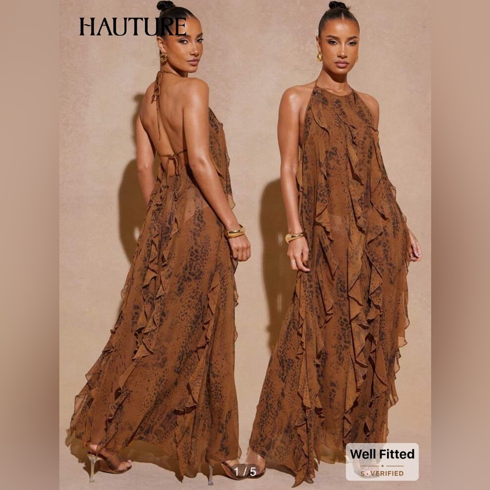 HAUTE Chocolate Brown Ruffled Halter maxi dress Flowy feminine  Semi sheer  sz 2 - Picture 3 of 10
